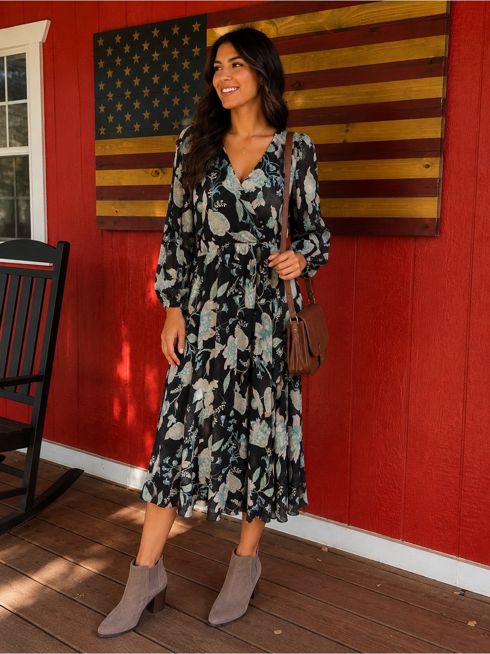 Mango Floral Wrap Midi Dress | Size Large | Long Sleeve Boho Occasion Dress